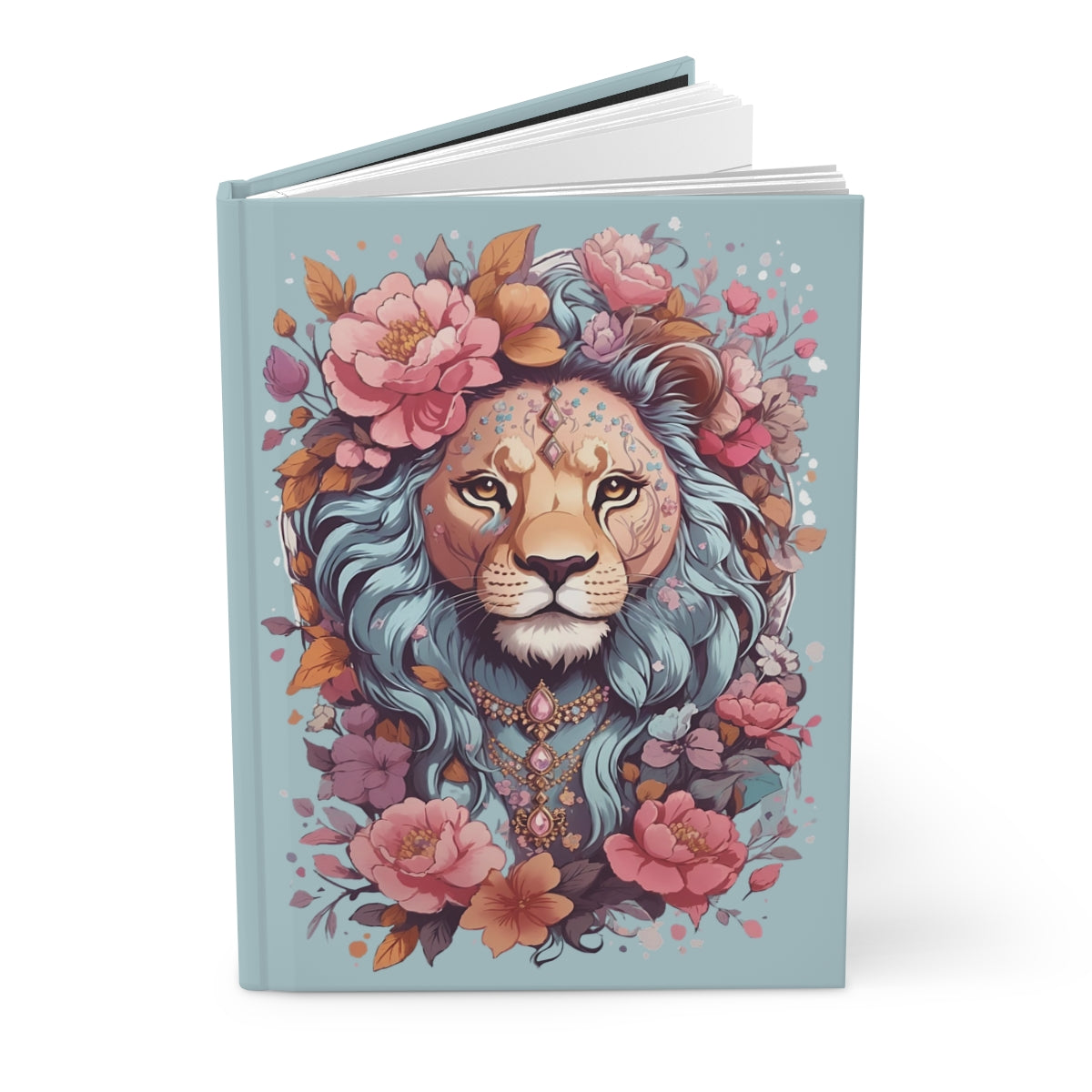 Pastel blue journal with an illustration of a   kawaii aesthetic lion wearing pastel gemstones, necklaces and flowers