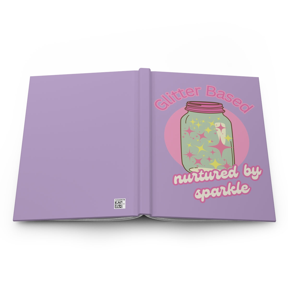 Open notebook with a pastel purple cover featuring an illustration of a  retro mason jar with pink lid filled with pastel colored glitter and text "glitter based nurtured by sparkle" written in pink retro aesthetic letters