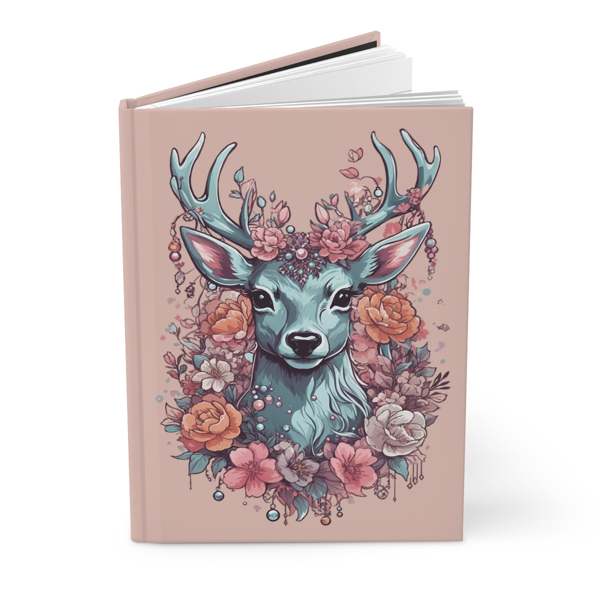 Light pink notebook with the illustration of  a deer surrounded by soft pastel colored flowers 