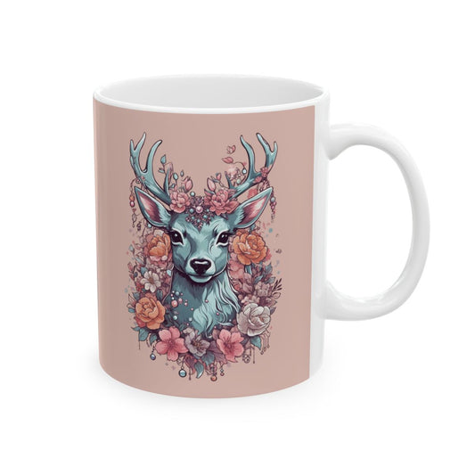 Soft pink mug with a deer and floral design
