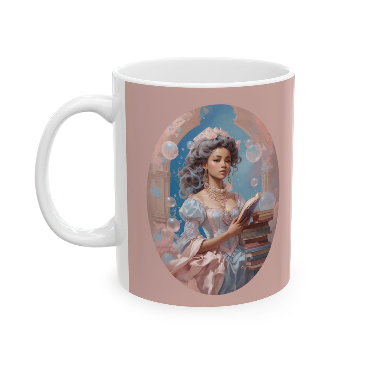 Light pink colored Mug with an illustration of a young woman in a pastel colored rococo style dress holding  a book surrounded by books and bubbles