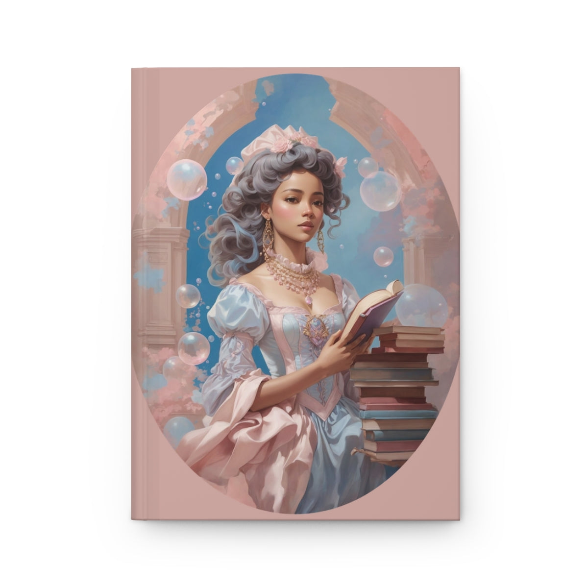 Light pink journal with an Illustration of a beautiful woman in a pastel pink and pastel blue regency style dress holding a book, surrounded by bubbles and books in a library 