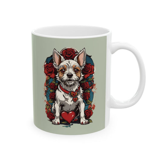 Mug with a tattoo art terrier dog and a heart and roses design on a light green background