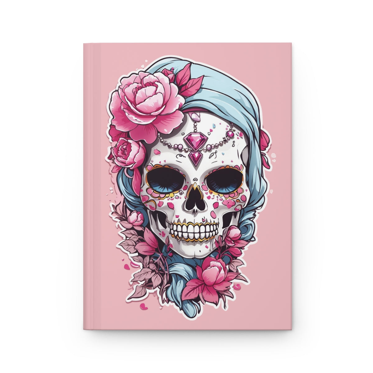 Pastel pink journal cover with an illustration of a Pastel colored skull accessorized fashionably with pink flowers and jewelry