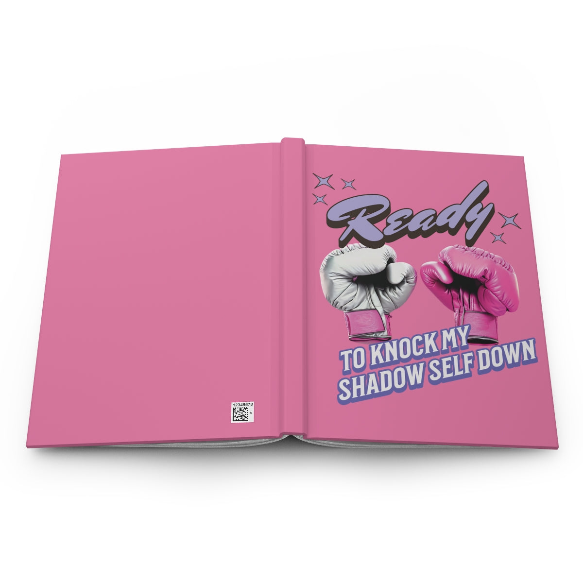 Open Pink notebook featuring pink boxing gloves design and a retro aesthetic pastel purple text  "ready to knock my shadow self down" with graphic design of retro purple stars