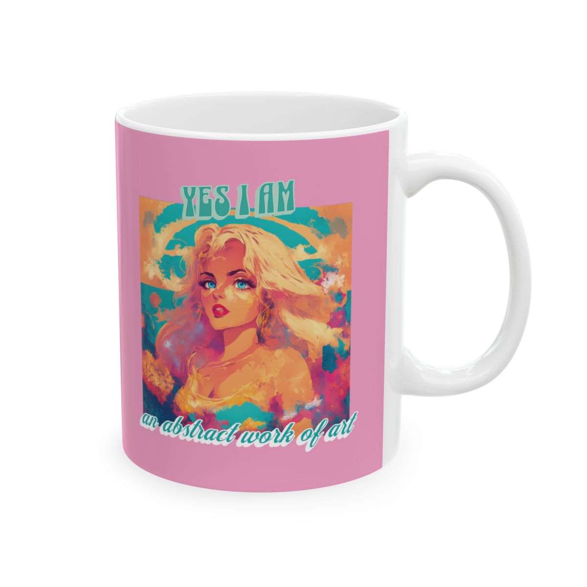 Pastel pink mug with an illustration of a very beautiful blonde woman with blue eyes looking like a doll and a retro style funny text in pastel colors