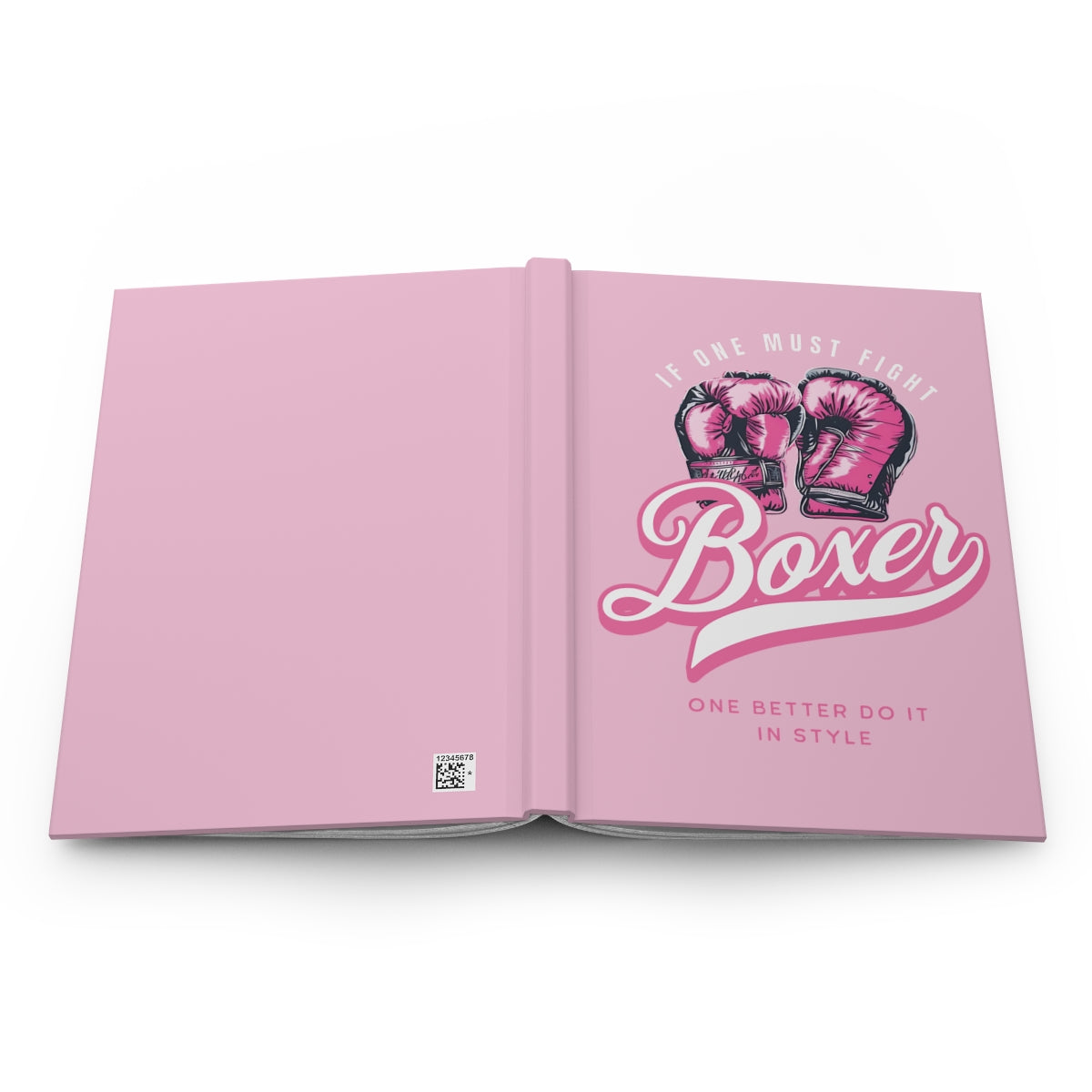 Open Pastel Pink hardcover journal with pink boxing gloves and a pink retro aesthetic text  that says "Boxer" "if one must fight one better do it in style"
