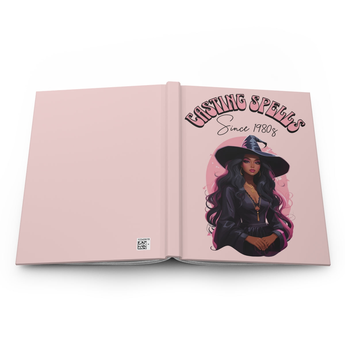 Open baby pink journal with a very beautiful witch girl  illustration and text "casting spells since 1980s" written in groovy aesthetic