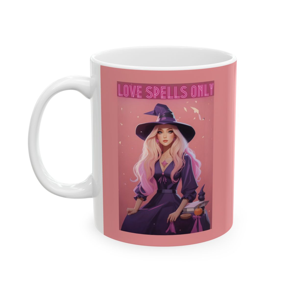Pink Mug with a blonde witch graphic and 'Love Spells Only' text in neon pink letters on a pink background