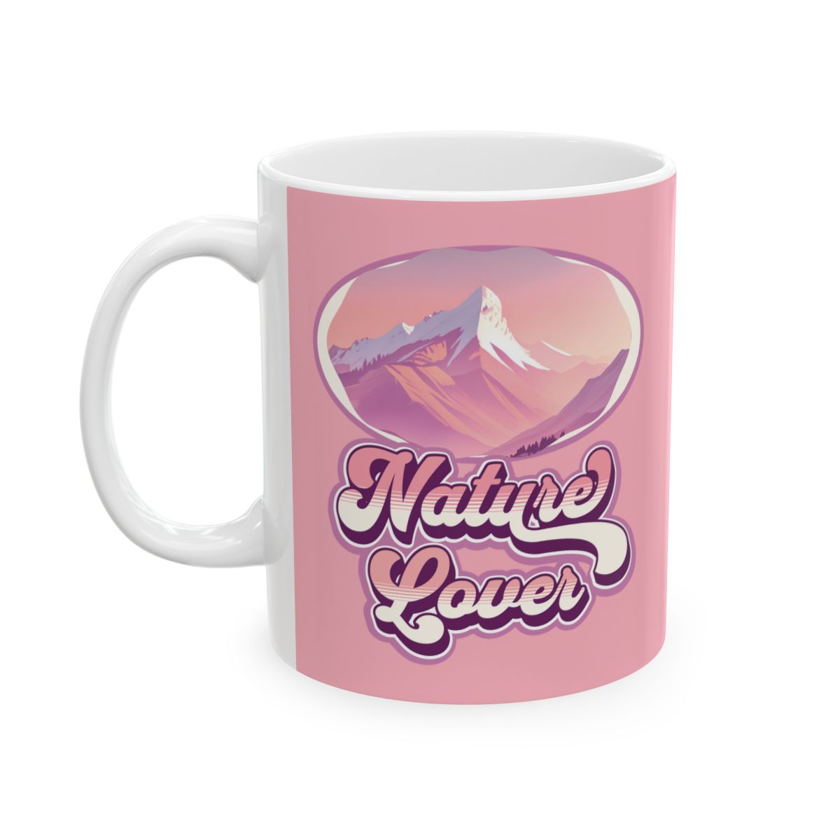 Pastel pink mug with mountain graphic in pink tones and retro Groovy style pastel colored 'Nature Lover' text 