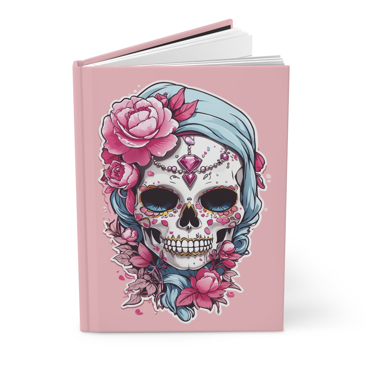 Pastel pink journal with an illustration of a Pastel colored skull accessorized fashionably with pink flowers and jewelry