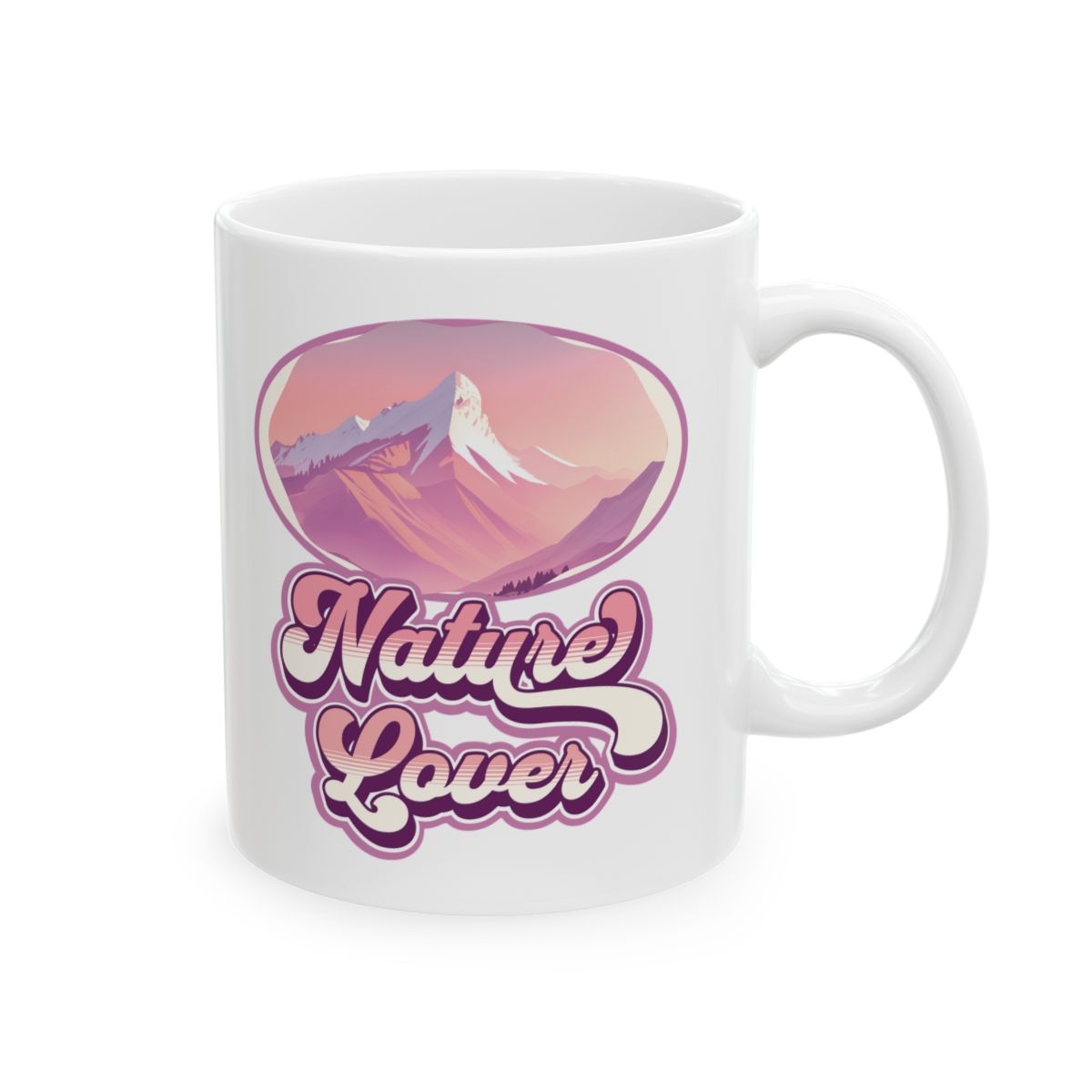 White mug with pastel pink an purple retro  'Nature Lover' design in retro groovy letters, featuring a pastel pink colored mountain 