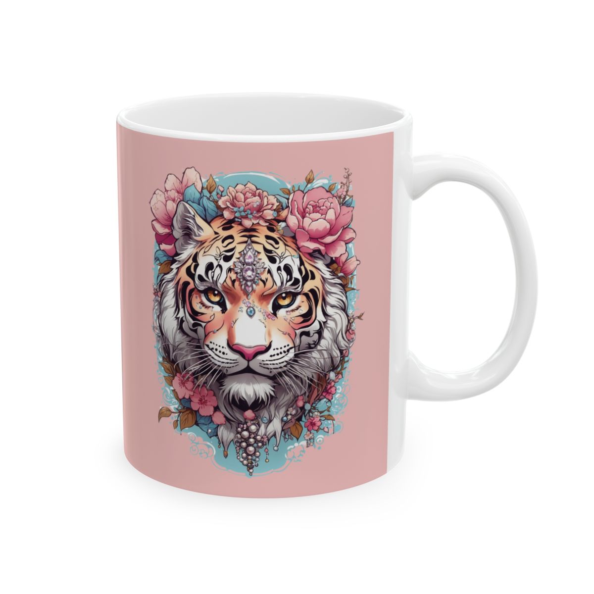 Pastel pink Mug with a tiger and floral design