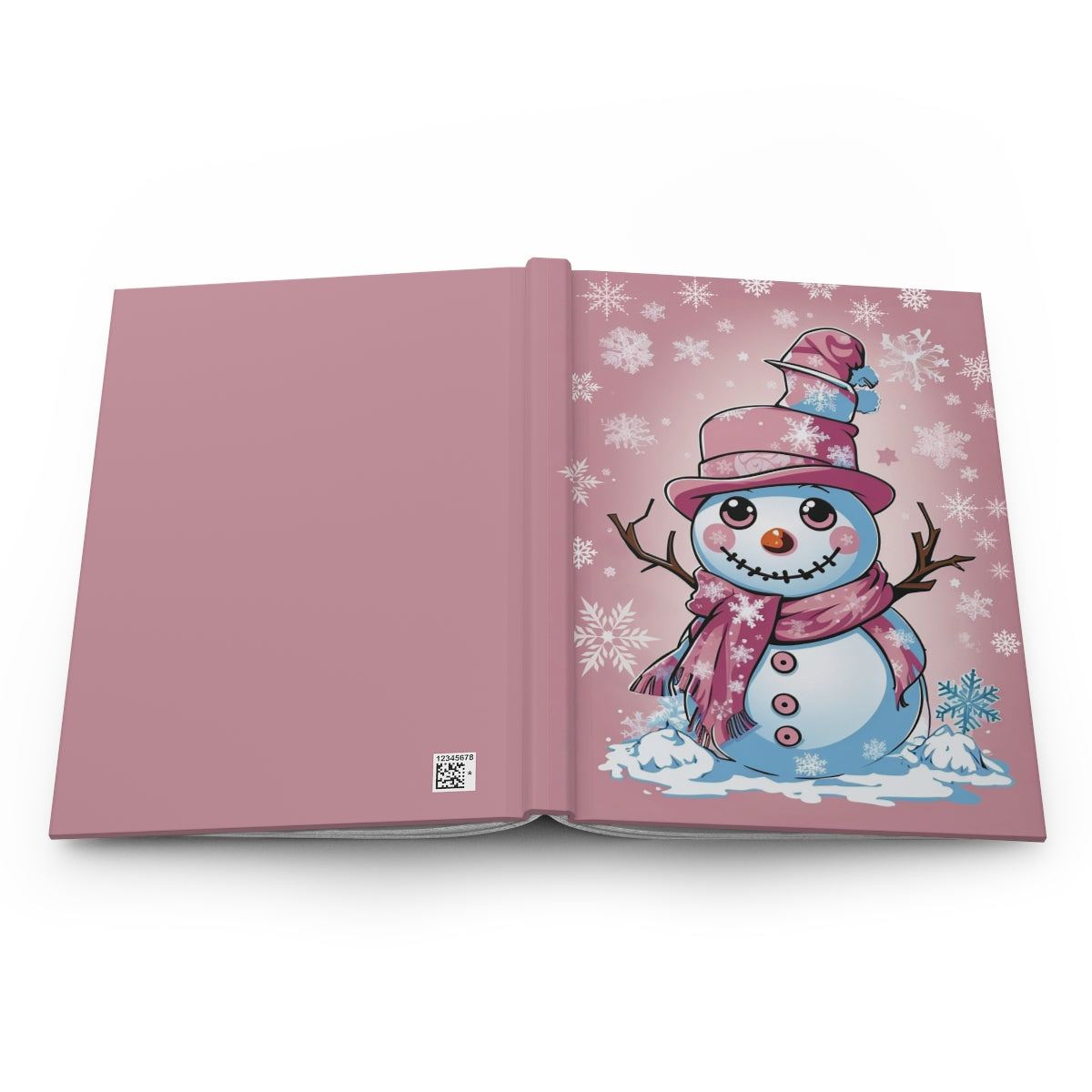 open notebook with a girly 2000s aesthetic snowman design and snowflakes on a pastel pink background