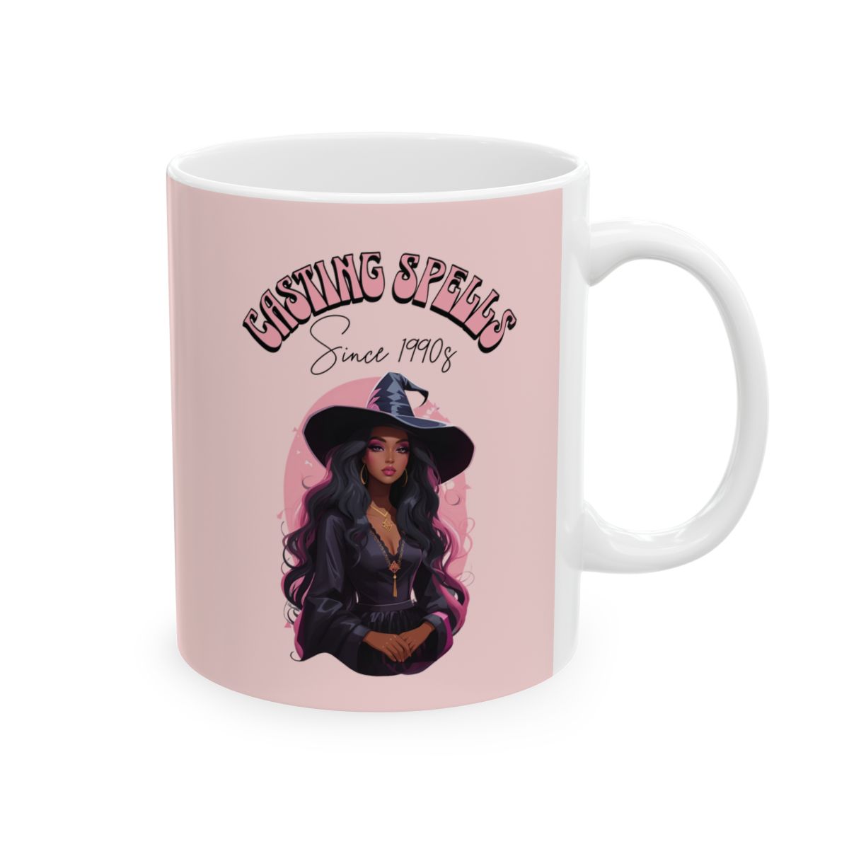 Pink mug with a beautiful black witch graphic and text written in pastel pink groovy aesthetic letters 'Casting Spells Since 1990s' on a light pink background