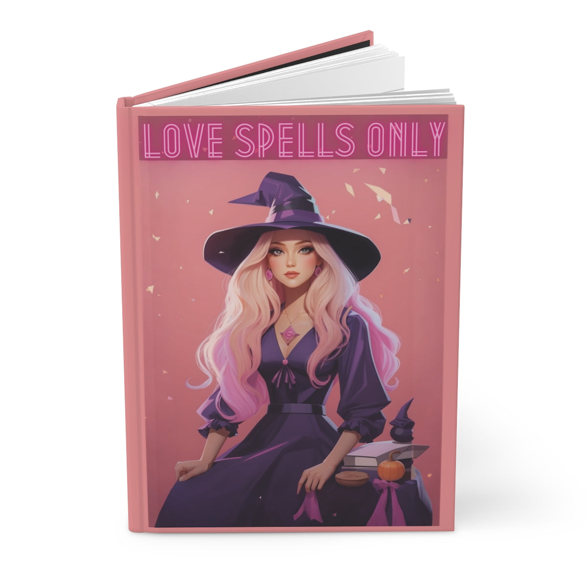 Magical-themed notebook with a blonde witch illustration and 'Love Spells Only' text in pink neon letters on a peachy pink background.