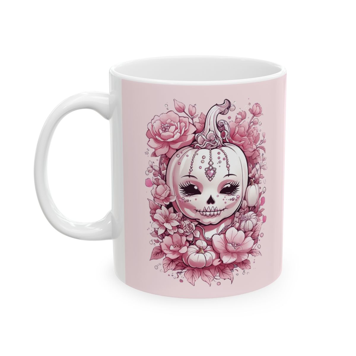 Light Pink mug with a pumpkin skull decorated in jewelry and florals design in pastel shades of pink