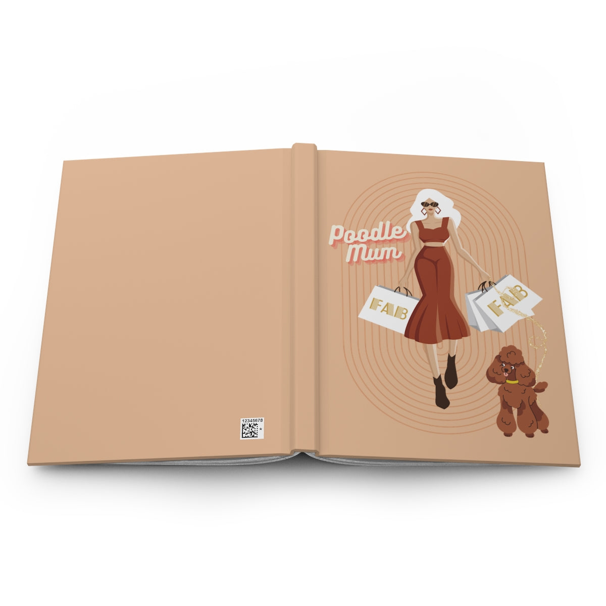 Open notebook with an Illustration of a young model looking woman dressed fashionably wearing sunglasses and holding a toy poodle dog, carrying shopping bags, and text 'Poodle Mum' written in retro aesthetic letters on a beige background