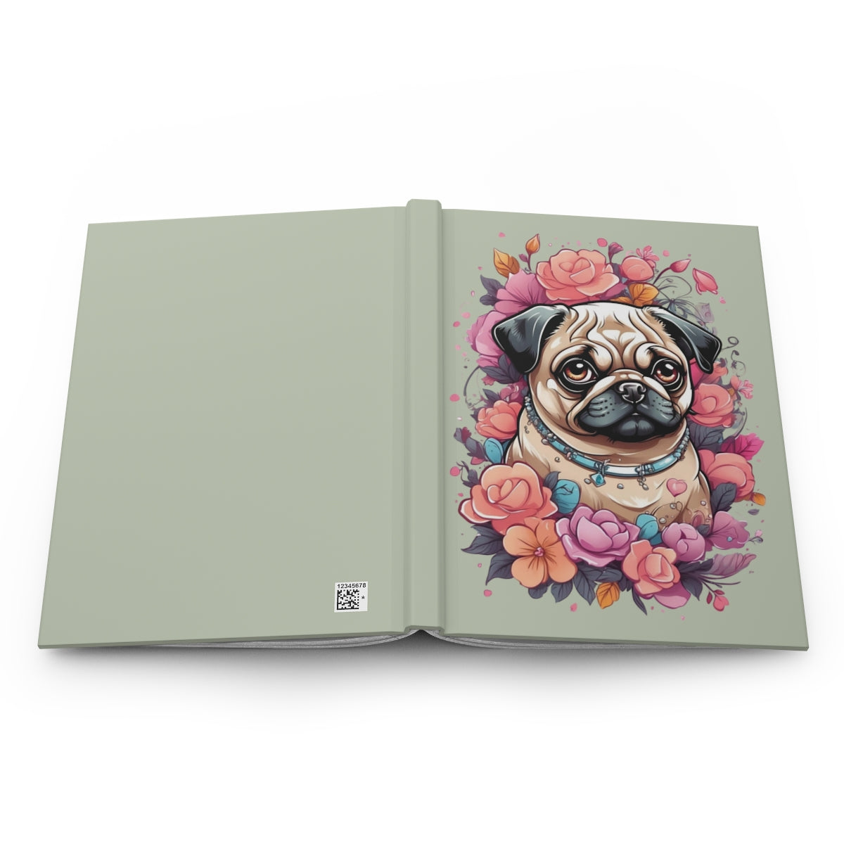Open Pastel green notebook with an Illustration of a kawaii aesthetic pug puppy surrounded by colorful flowers 