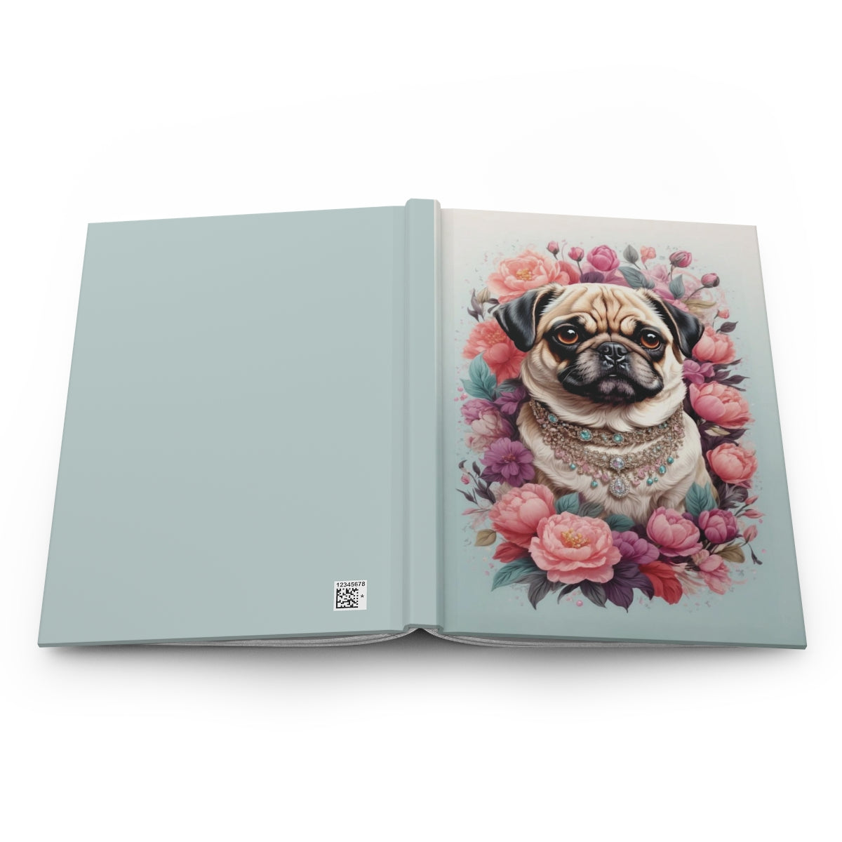 open pastel colored notebook with the design of a pug wearing pastel colored diamond necklace surrounded by lots of pastel colored flowers