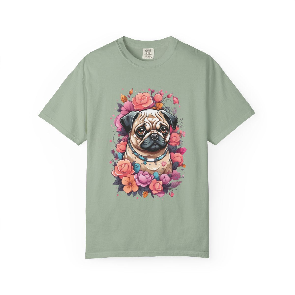 Light green t-shirt with graphic design of a pug dog in pastel colors surrounded by flowers 