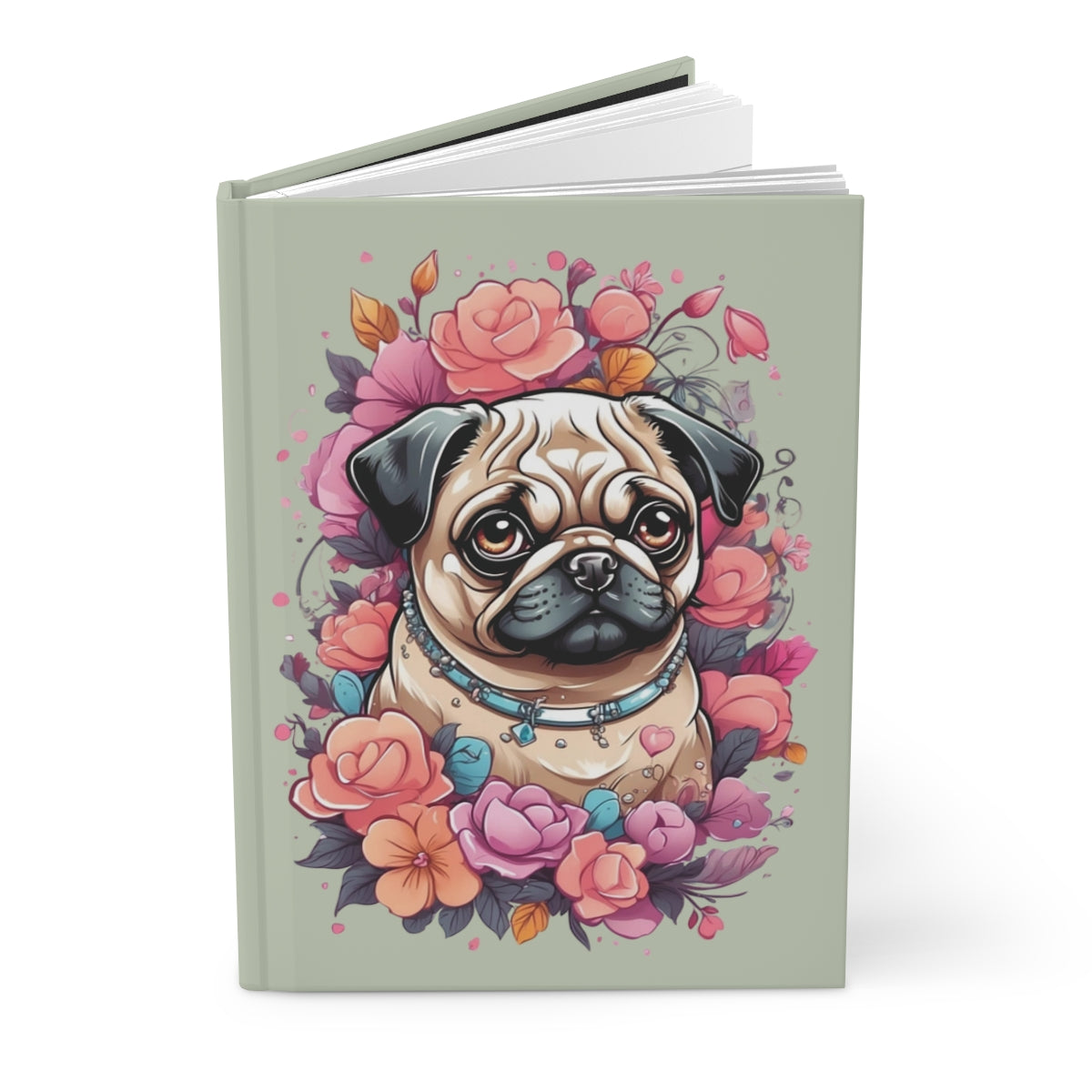 Pastel green hardcover journal with an Illustration of a kawaii style pug dog surrounded by colorful flowers 