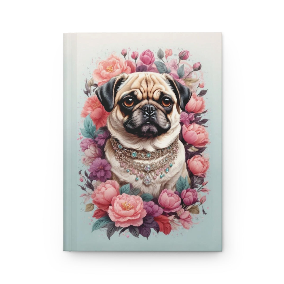 Light blue Journal with the design of a pug wearing pastel colored diamond necklace surrounded by lots of pastel colored flowers
