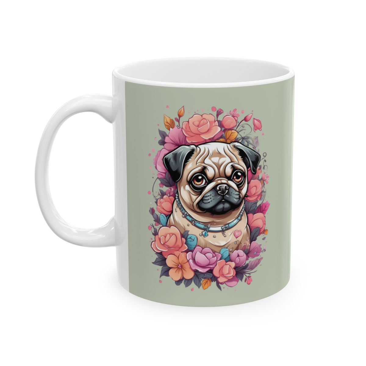 Mug with a pug dog illustration surrounded by flowers on a light pastel  green background