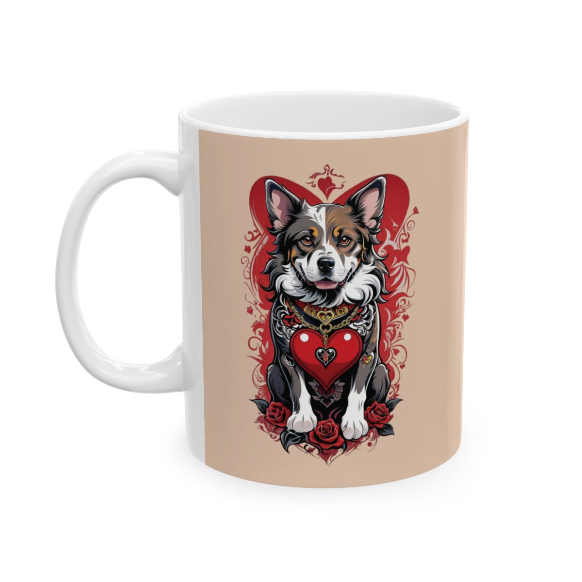 Mug with a dog design featuring hearts and roses on a beige background