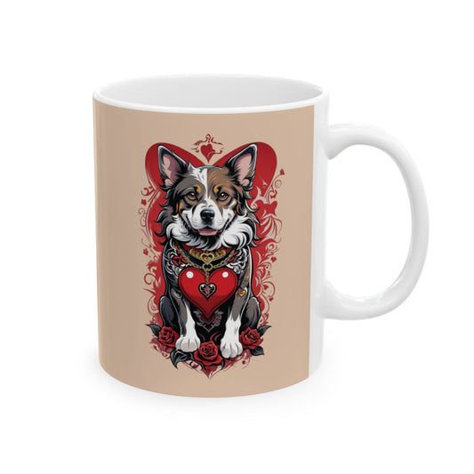 Mug with a dog design featuring a heart and roses on a beige background