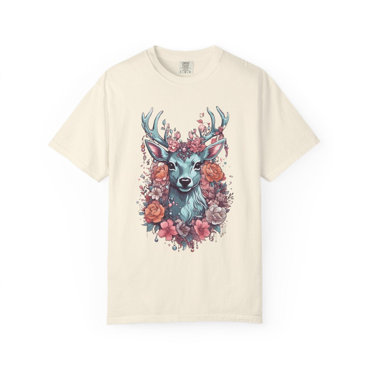 Beige t-shirt with a deer surrounded by flowers on a white background