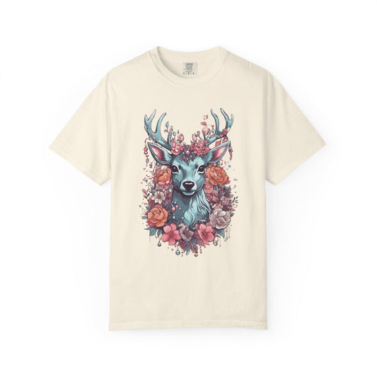 Beige t-shirt with a deer surrounded by flowers on a white background
