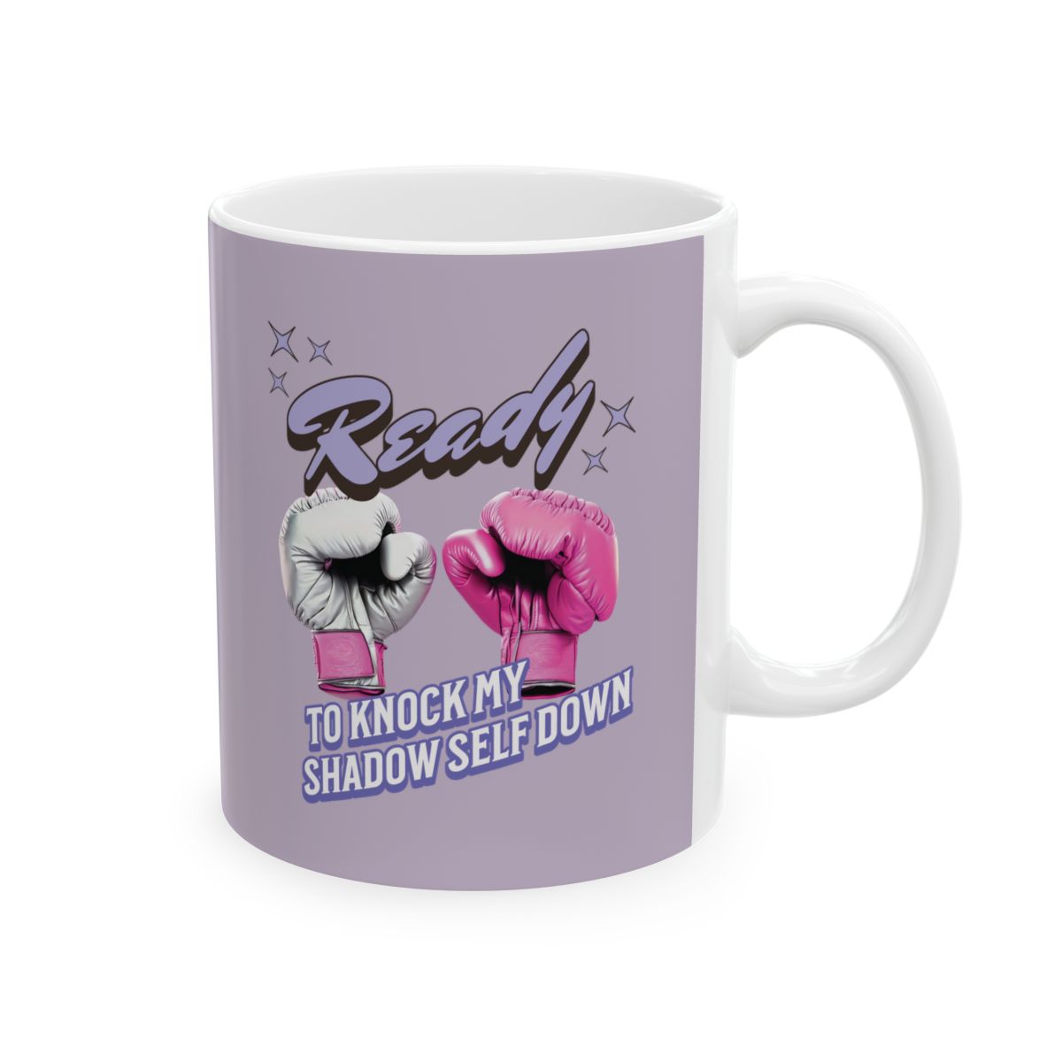 Mug with pink boxing gloves and retro aesthetic text "ready" "to knock my shadow self down" on a light purple background