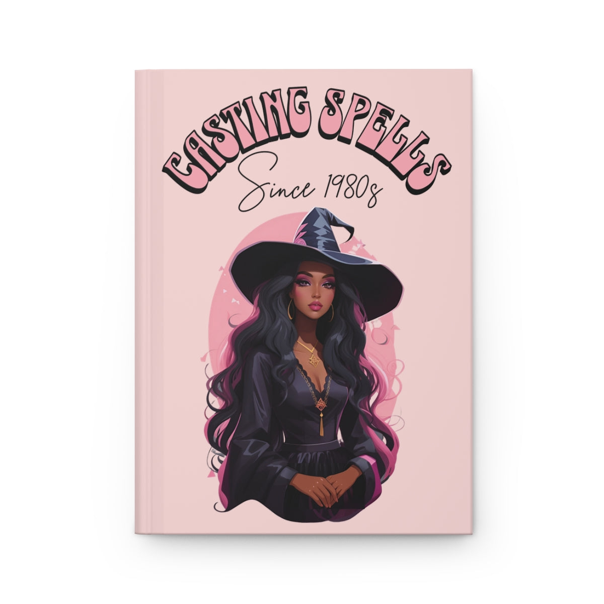 Pastel pink Journal with an Illustration of a beautiful witch girl with retro groovy aesthetic text 'Casting Spells Since 1980s' 