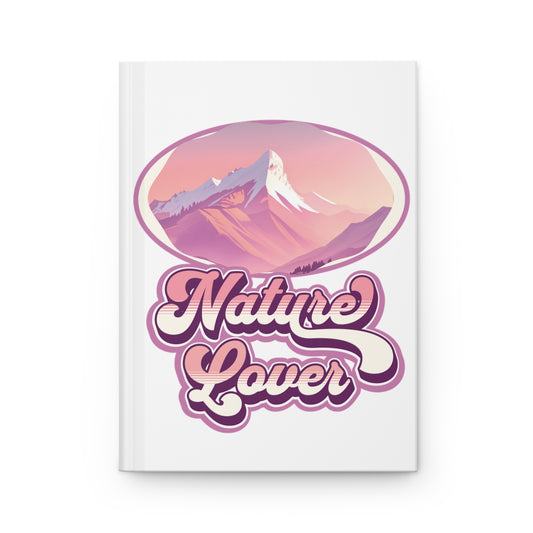hardcover journal with 'Nature Lover' text written in pink and purple retro groovy letters and pink pastel mountain graphic on a white background