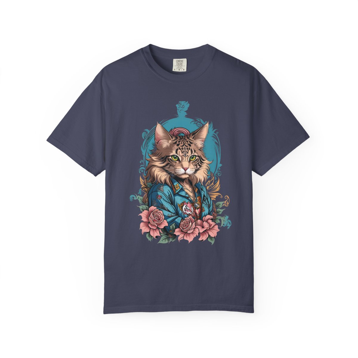 Navy blue t-shirt with a retro style cat and floral design on a white background