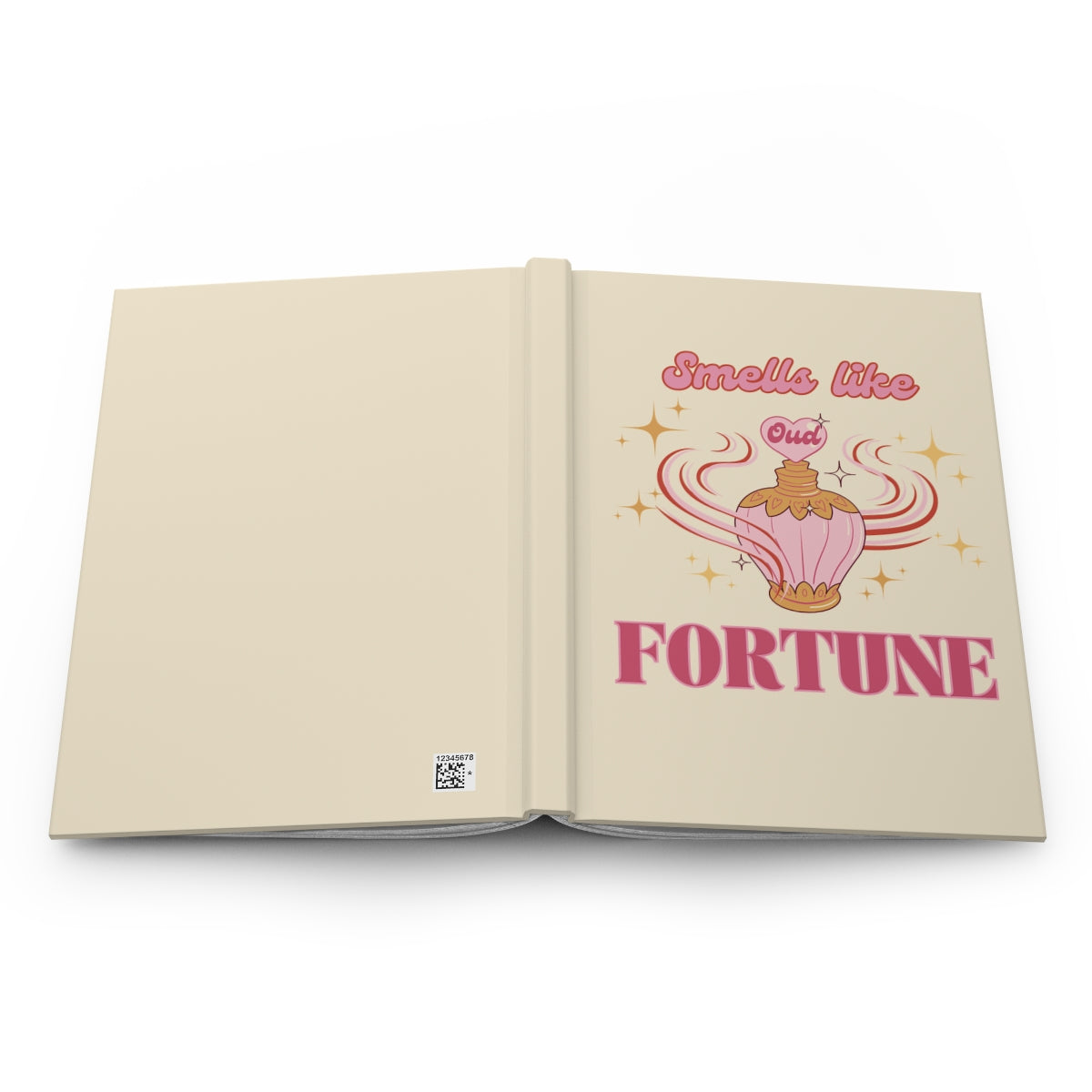 open light yellow hardcover journal with an illustration of a pink vintage oud perfume bottle and a retro aesthetic pastel pink text "smells like fortune"