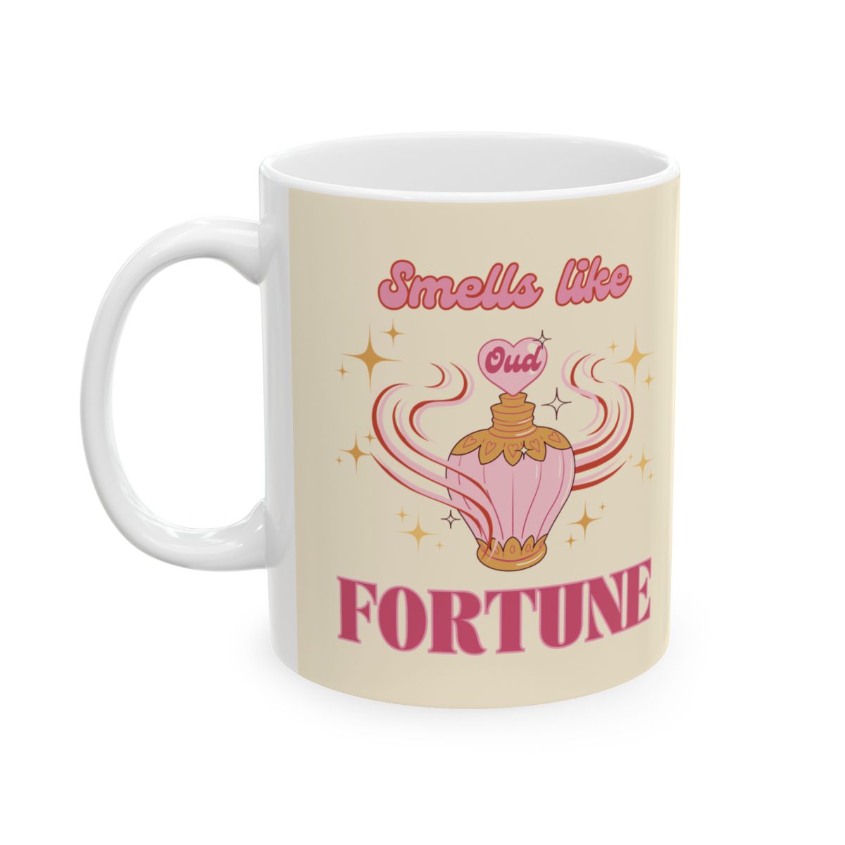 Mug with a illustration of a vintage style oud perfume bottle in pastel pink and pink retro style text 'Smells like fortune' on a light pastel yellow background