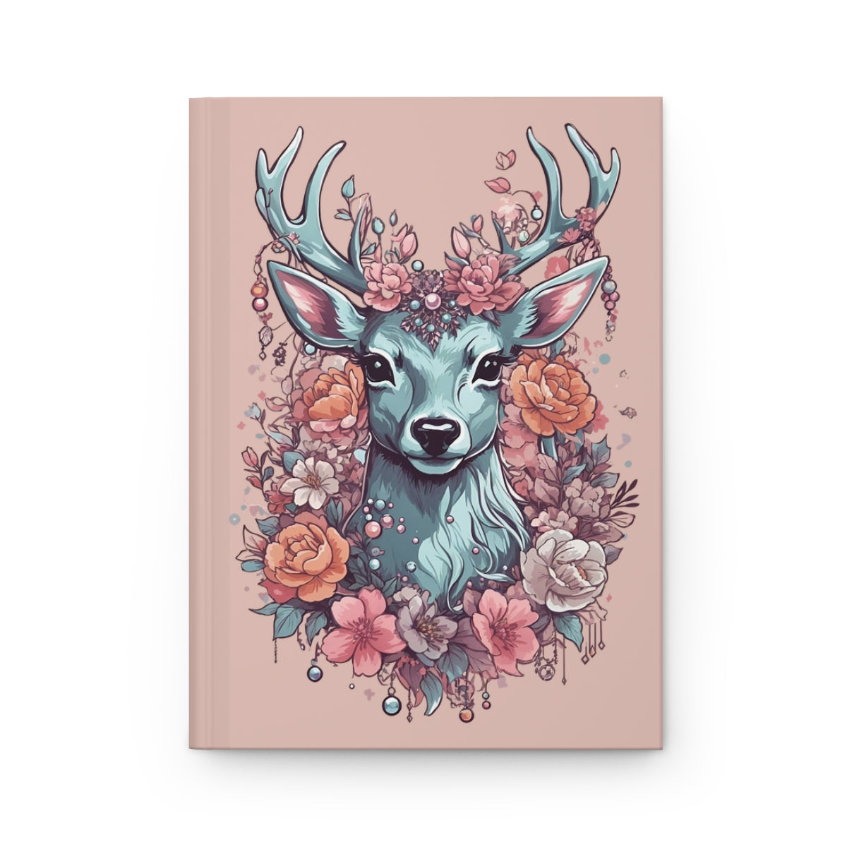 Hardcover journal with a stylized deer head surrounded by flowers  and gemstones on a soft pink background
