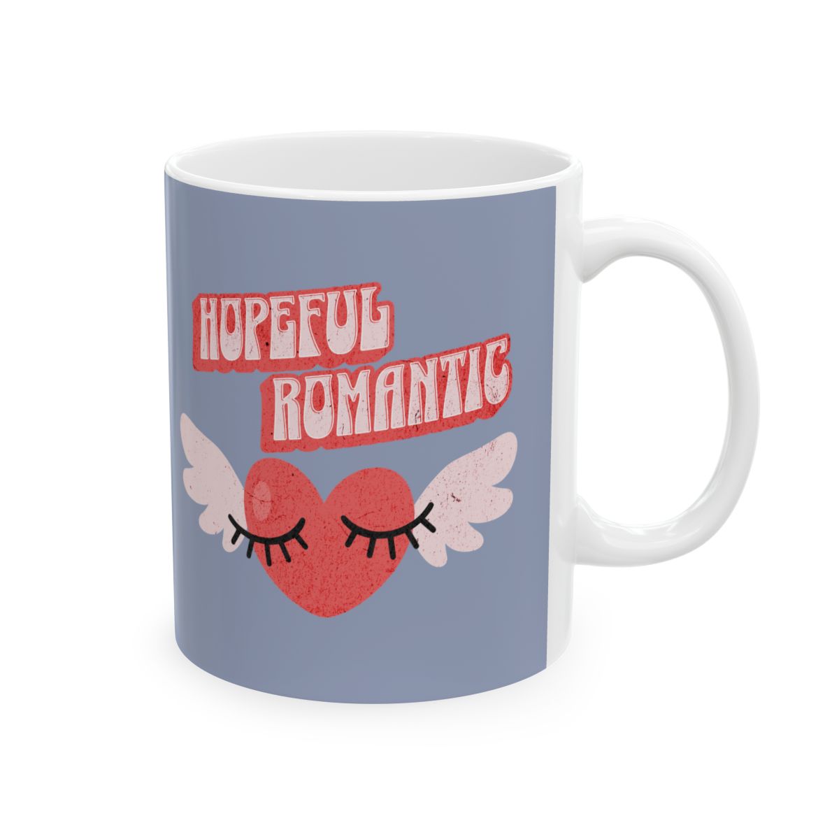 Jean blue Mug with a retro aesthetic heart with wings design and retro style text 'Hopeful Romantic' in red