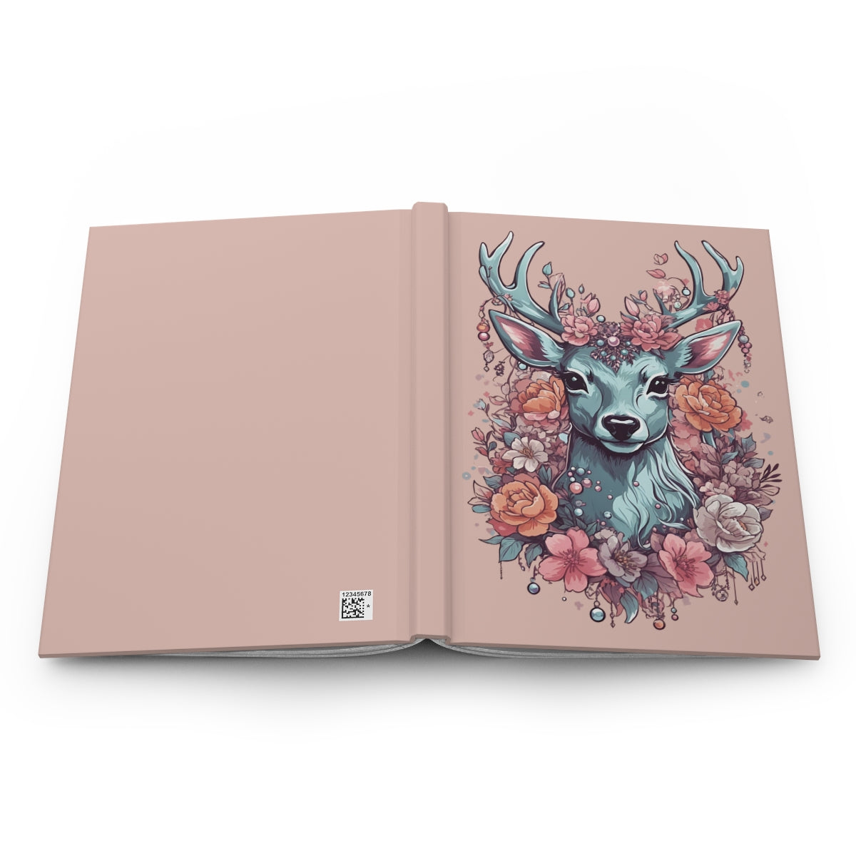 Open notebook with a soft pastel colored illustration of a deer with floral antlers on a light pink background