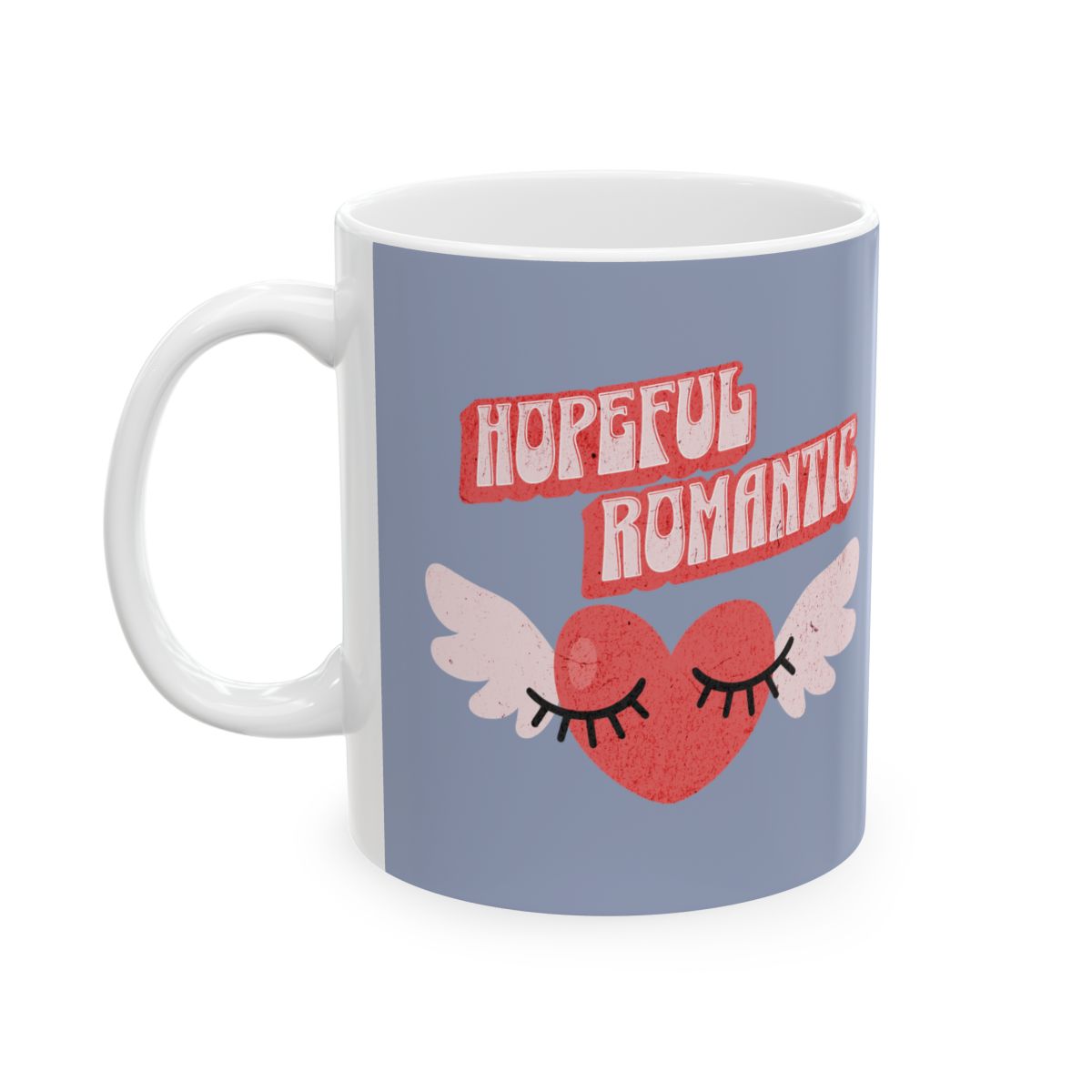 Light blue Mug with a retro aesthetic heart with wings design and retro style text 'Hopeful Romantic' in red