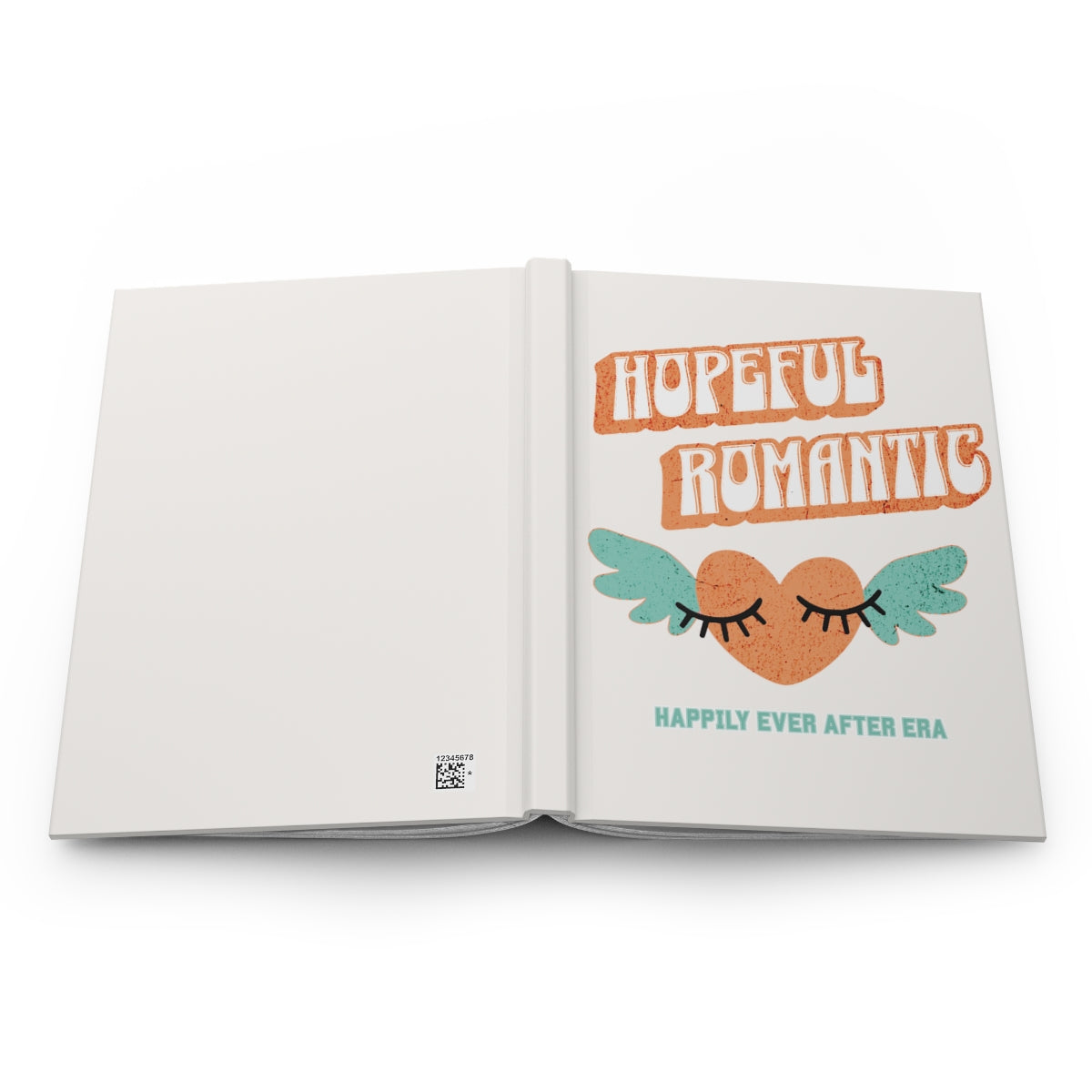 Open notebook with an orange retro aesthetic text that says "hopeful romantic" and an orange heart with mint green wings and a text "happily ever after era" underneath