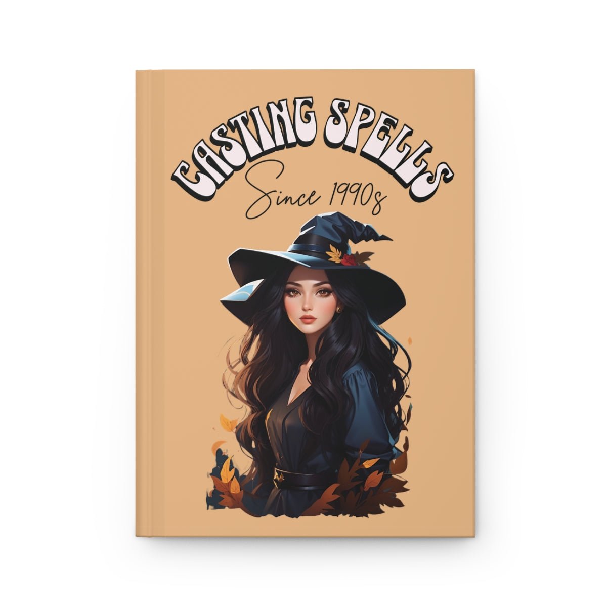 Hardcover Journal in autumn colors with a beautiful halloween witch illustration and 'Casting Spells Since 1990s' text written in retro groovy font 