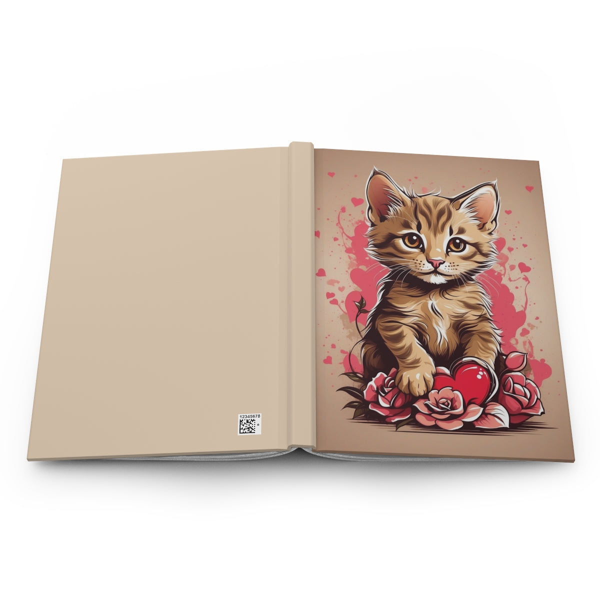 open Notebook with a cute kitten holding a big red heart surrounded by pink roses  illustration on a beige background