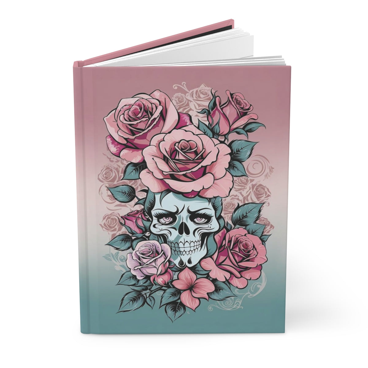 Hardcover journal with a tattoo aesthetic skull and pink roses fashion design on a pink and green gradient cover