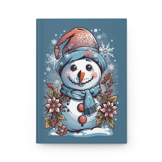 Notebook cover with a y2k style tattoo aesthetic snowman illustration with tattoo style flowers and snowflakes on a blue background