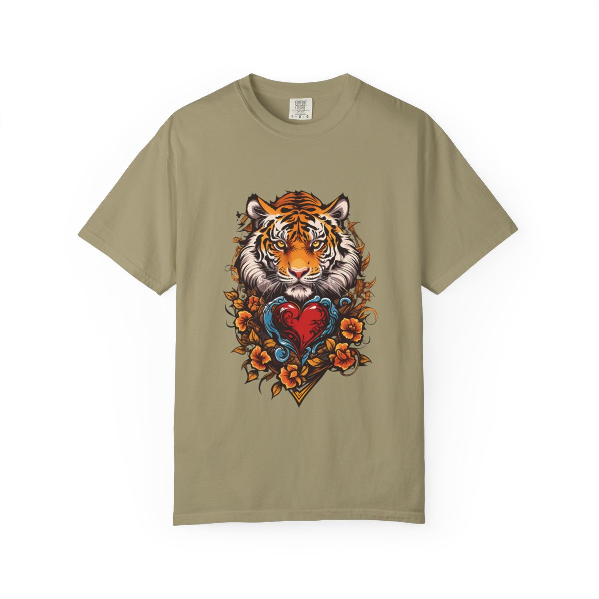 Khaki t-shirt with a tiger and heart and flowers design 