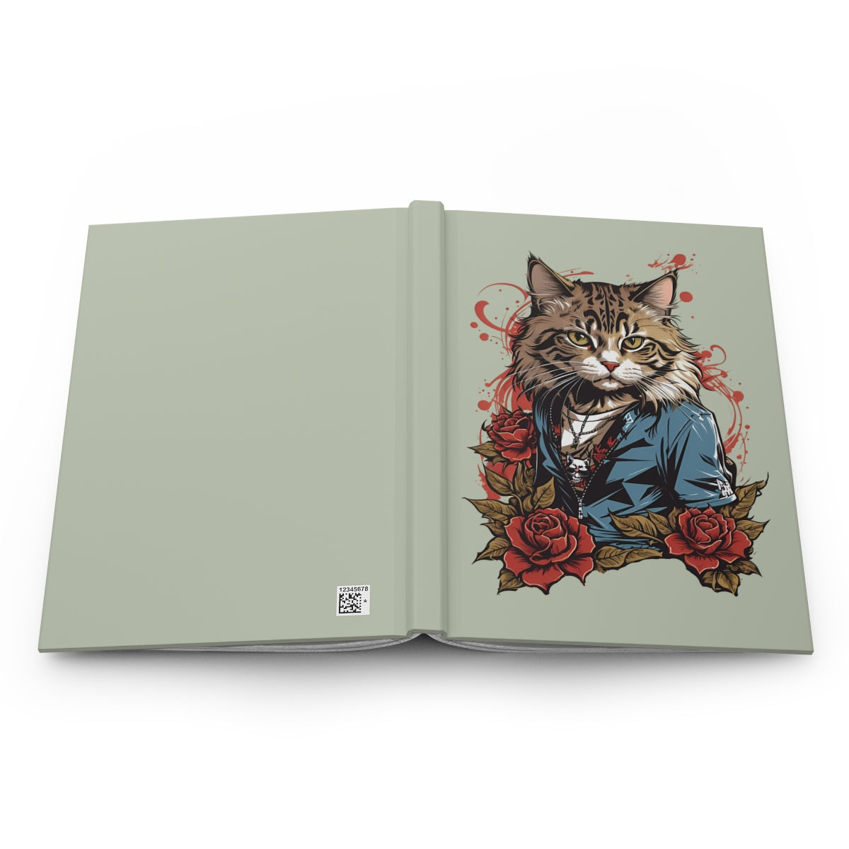 Open notebook with a 2000s aesthetic cat illustration with tattoo art red roses on a light green background