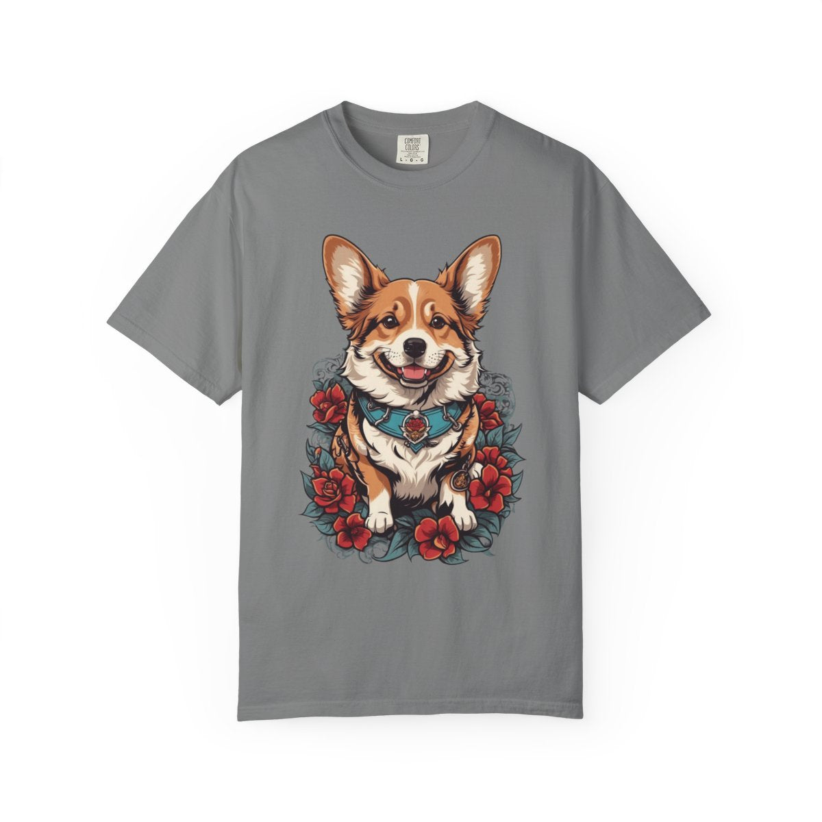 Gray t-shirt with a corgi graphic and floral design on a white background
